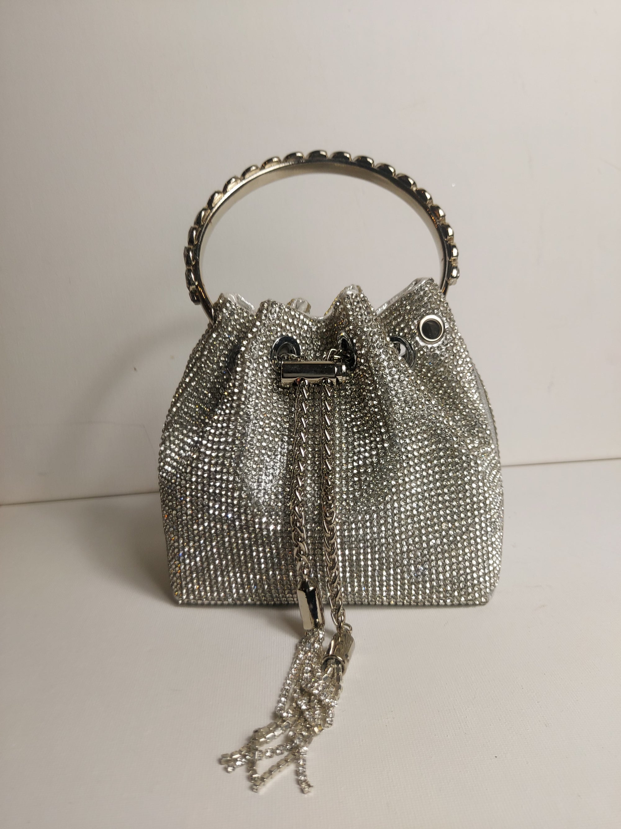 Crystal Embellished Mesh Chain Strap Bucket Bag